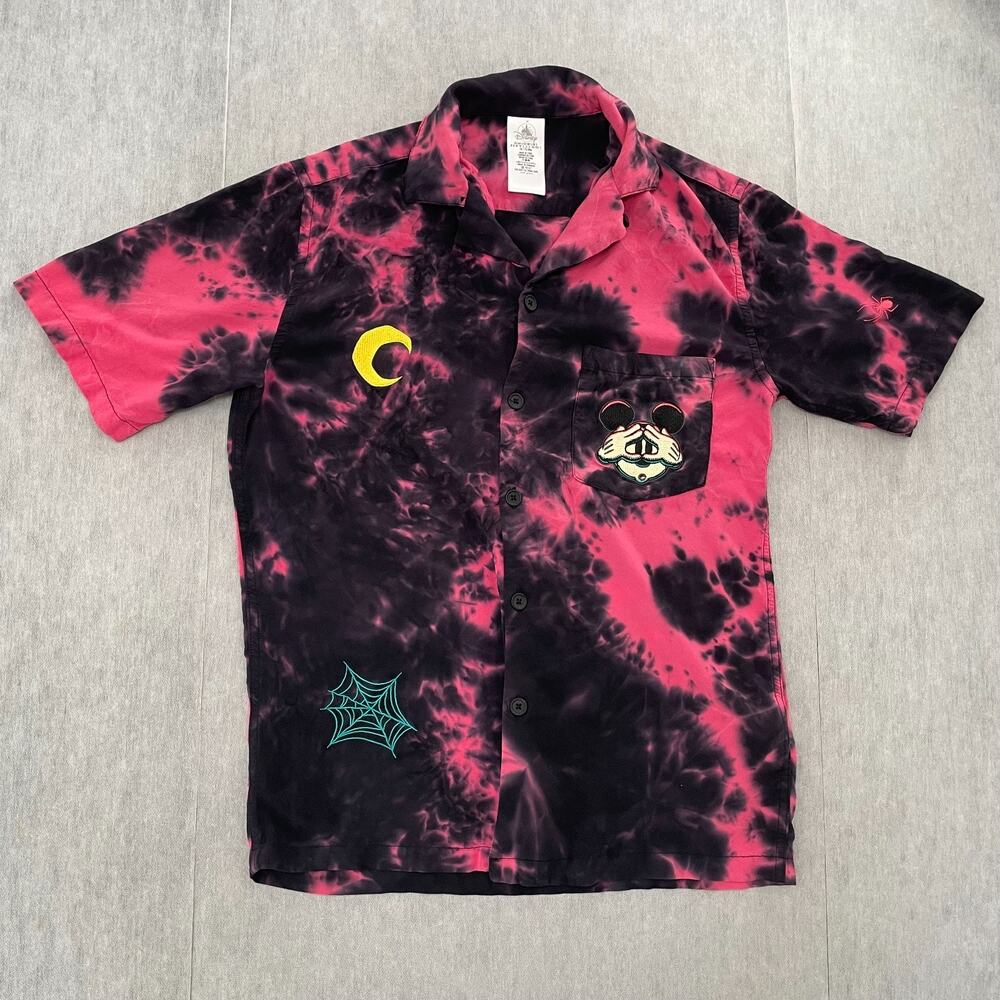 Disney Parks Mickey Mouse Shirt Adult Small Halloween Tie-Dye Woven Button Up S